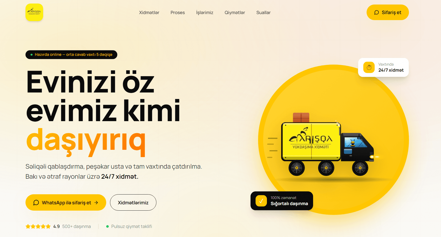 Qarışqa.az yükdaşıma saytının hero ekranı — 'Evinizi öz evimiz kimi daşıyırıq' başlığı və sarı brend illüstrasiyası
