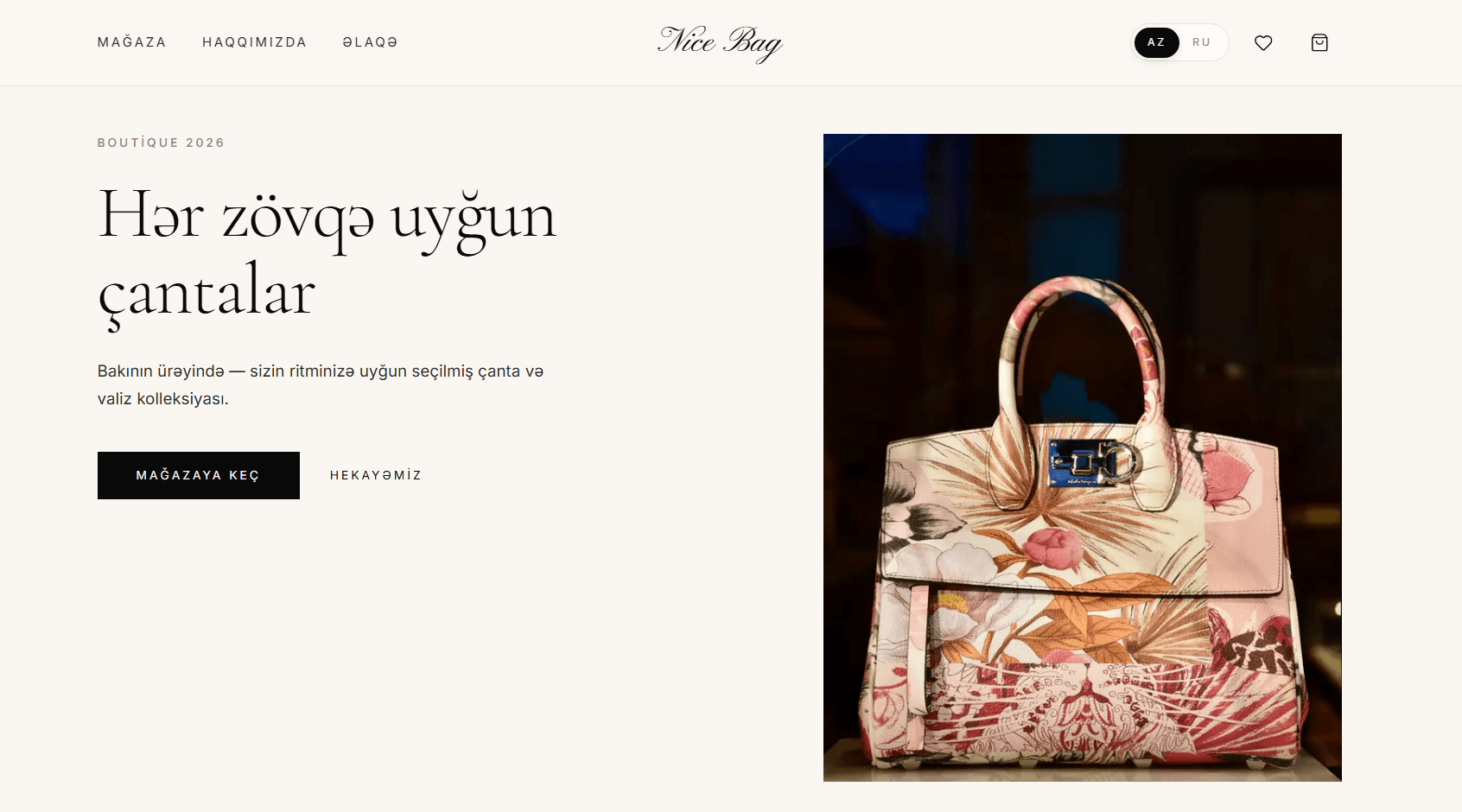 Nice Bag boutique e-ticarət saytının hero ekranı — 'Hər zövqə uyğun çantalar' başlığı və çiçəkli dizayner çanta fotosu