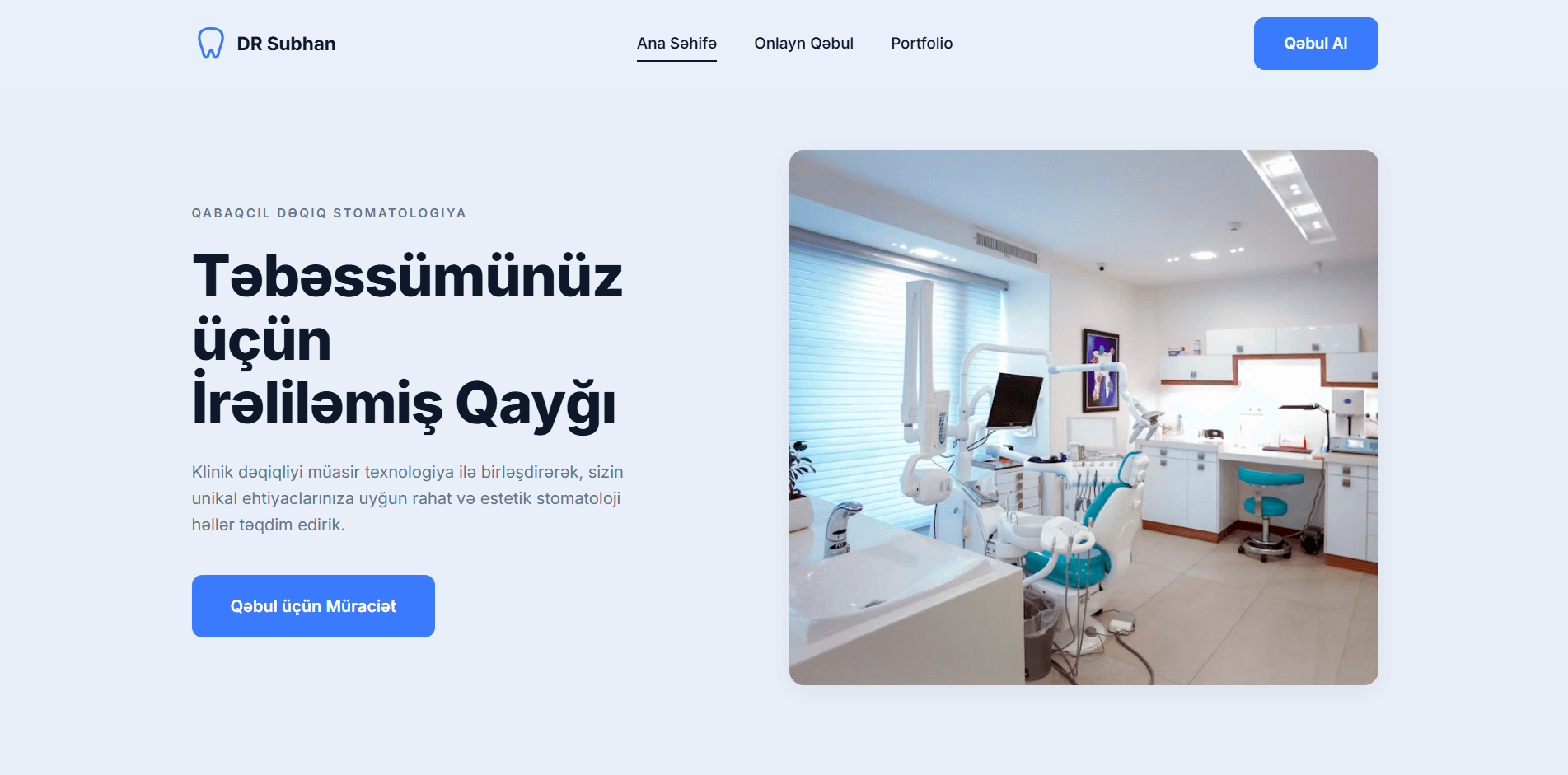 DR Subhan stomatologiya saytının hero ekranı — 'Təbəssümünüz üçün irəliləmiş qayğı' başlığı və müasir klinika interyeri